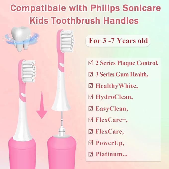 Kids Toothbrush Heads Compatible with Electric Philips Sonicare Handle 6032/94 6321 6340 6042 6320 6330, Replacement Heads Compact for Child 3-7 Years Old, Mini Brush Heads with Caps,8 Pack Green&Pink