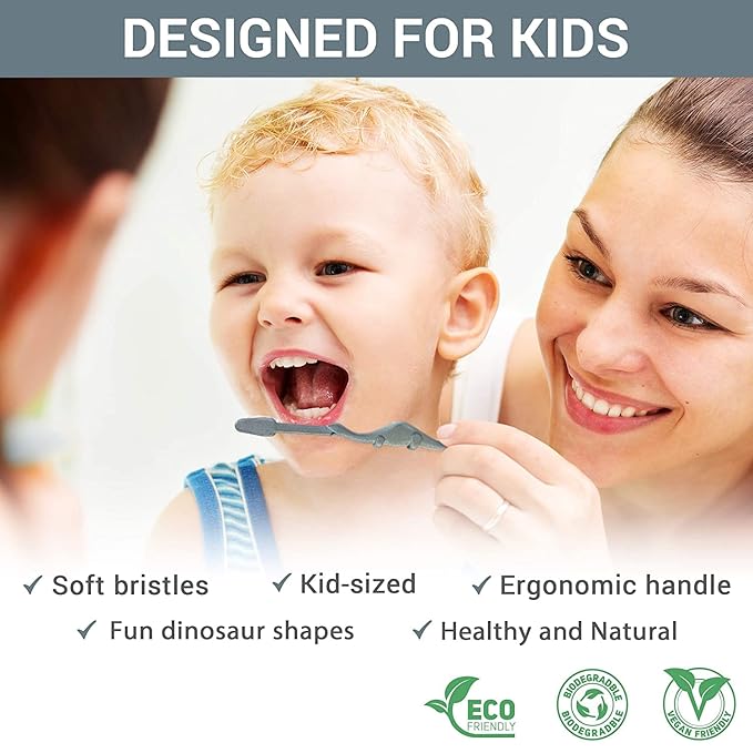 ROARex Vegan Eco Friendly Kids Toothbrush Natural Dinosaurs Made from Plants | 100% Biodegradable and Compostable | 1% for The Planet Product