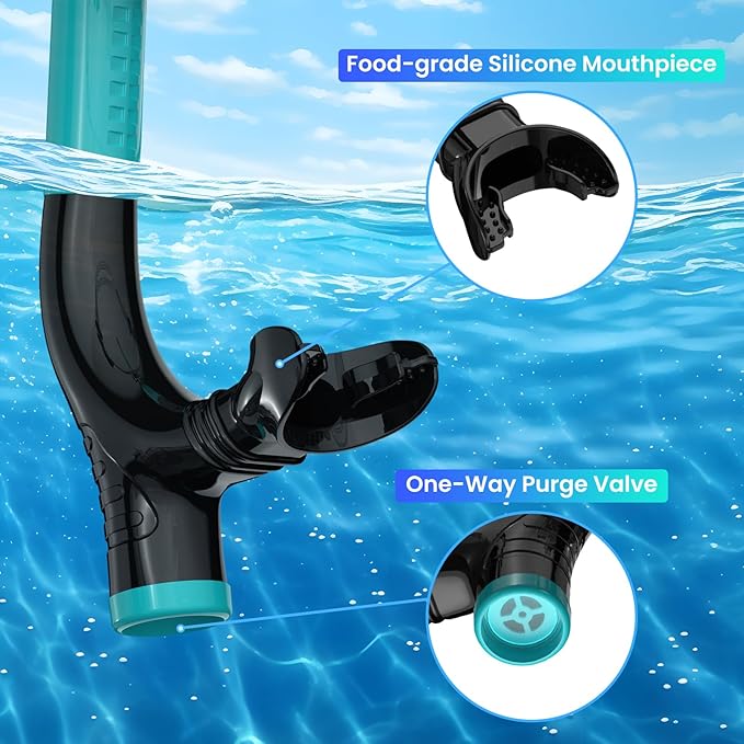 Swimmer's Snorkel for Lap Swimming, Adult Snorkeling Gear Swim Training, Center-Mount Silicone Mouthpiece One-Way Purge Valve in Pool and Open Water-StrideForce Fitness