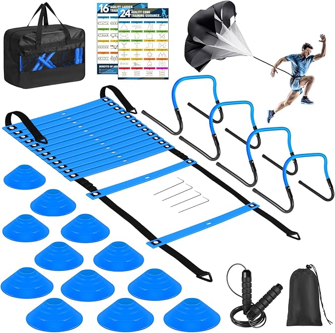 Soccer Training Equipment, Agility Speed Training Set with 20ft Speed Ladder, 12 Cones, 4 Adjustable Hurdles, Jump Rope, Parachute | Ideal for Basketball, Football Practise, for Kids, Youth, Adults-StrideForce Fitness