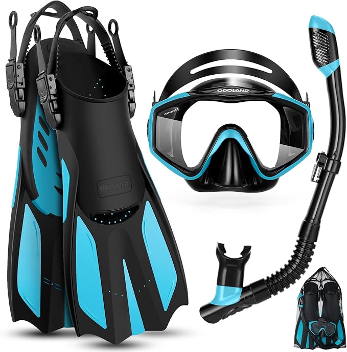 Odoland Kids Snorkeling Packages Snorkel Set, Dry Top Snorkel Mask with Adjustable Swim Fins for Boys and Girls Age 7-14-StrideForce Fitness