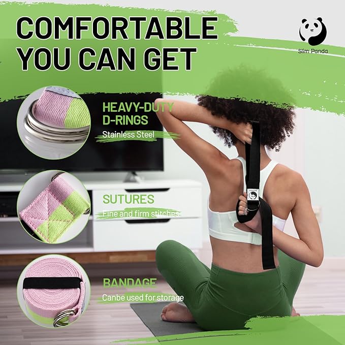 Slim Panda Yoga Strap for Stretching,Cotton Yoga Strap with Adjustable D-Ring Buckle,Non-Elastic Yoga Belt for Pilates,Gym Workouts,Physical Therapy,Improve Flexibility-StrideForce Fitness