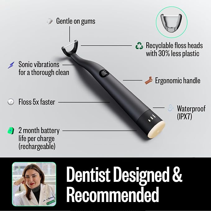 FLAUS Electric Flosser (Shark Tank) 3 Speeds + 45 Refill Heads w/Extra Strong Woven Floss, Increased Durability - Water Flosser Alternative, Dentist Recommended Tooth Flossers, Eco Dental Floss Picks