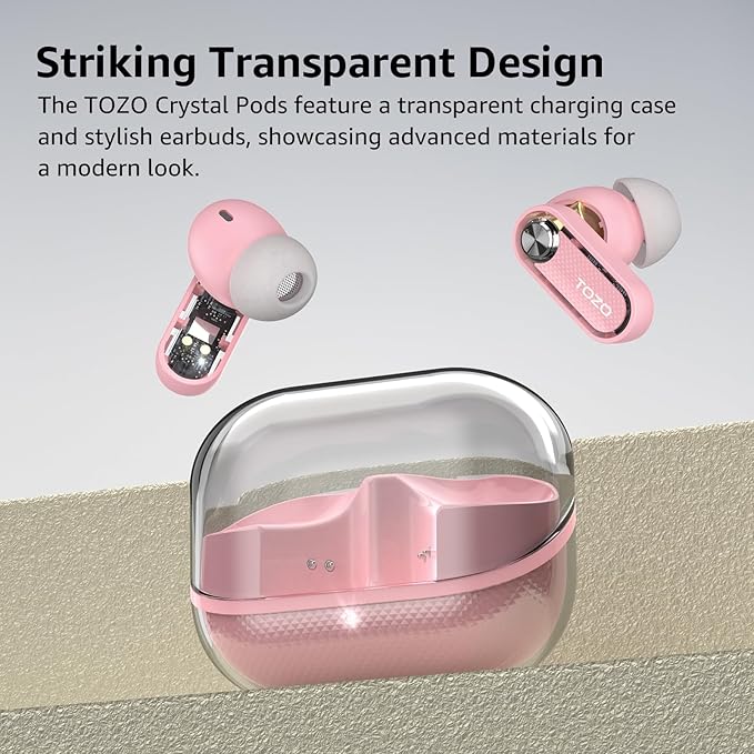 TOZO Crystal Pods Hybrid Active Noise Cancelling Wireless Earbuds, 10mm Drivers Deep Bass Stereo Sound, 4 Mics Smart ENC AI Calls, 32 EQ via App, Bluetooth 5.4 Headphones, Crystal Case Design-StrideForce Fitness