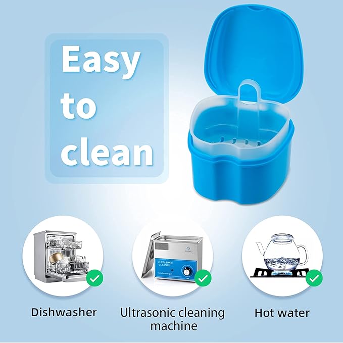 Dental Orthodontic Retainer Case Cleaning with Strainer Basket, Denture Bath Box Soaking Cup Mouthguard Storage Holder - Blue