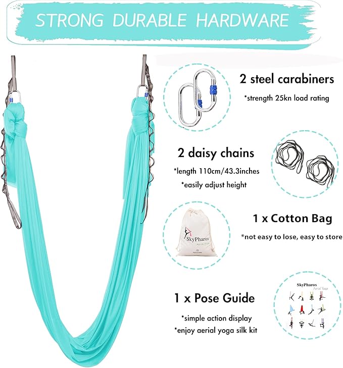 5.5 Yards Aerial Silks Yoga Swing Set - Aerial Yoga Hammock Kit Anti-Gravity Flying for Fitness, Low/Non Stretch Nylon Tricot Fabric Hardware Included for Dance-StrideForce Fitness