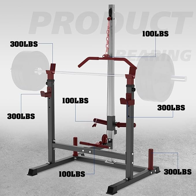 Power Rack with LAT Pulldown Pulley System Adjustable Multi-Functional Squat Rack, Power Cage with J-Hooks Home Gym-StrideForce Fitness