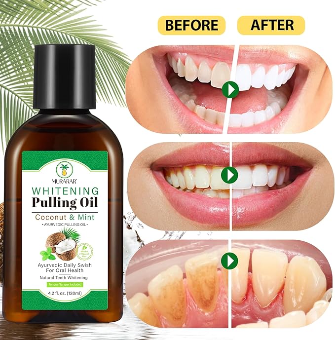 2 Pack Oil Pulling 4.2 Fl.Oz, Coconut Mint Oil Pulling Mouthwash for Fresh Breath with Tongue Scraper and Measuring Cup