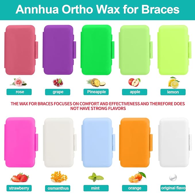 Annhua Braces Wax for Brackets Extra Soft 10 Pack, Dental Orthodontic Ortho Wax Strips with Cutter and Case for Braces Wearer and Aligners, 10 Fruit Smell