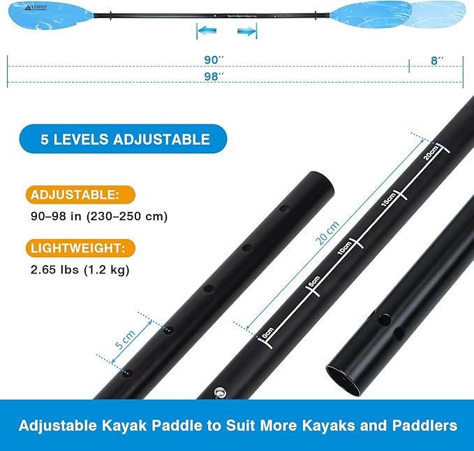 Adjustable Kayak Paddle Boat Oar: Kayak Canoe Paddles 90-98 inch/230-250cm - Aluminum Floating Kayaking Fishing Oars with Paddle Leash for Adults Youth-StrideForce Fitness