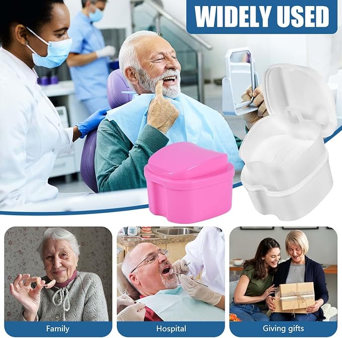 2 Pack Denture Bath Case Cup Box Holder Storage Container with Denture Cleaner Brush Strainer Basket for Travel Cleaning (White and Pink)
