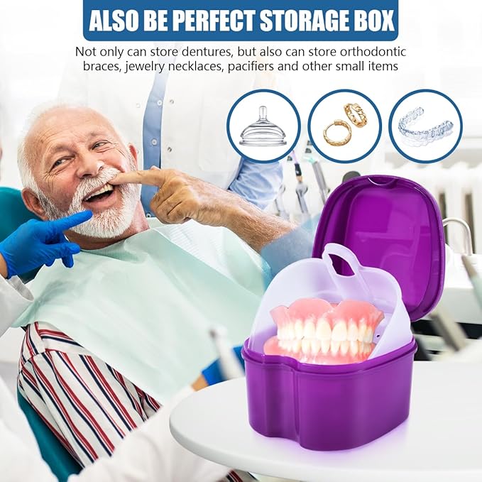 Purple Denture Bath Case Cup Box Holder Storage Container with Denture Cleaner Brush Strainer Basket for Travel Cleaning