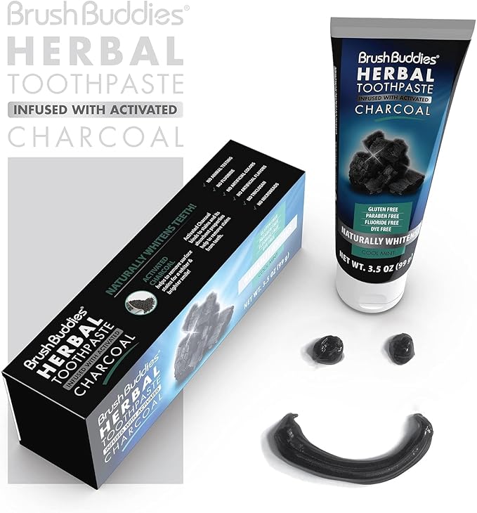 Brush Buddies Charcoal Toothpaste (2 Pack), 3.5 oz | Activated Charcoal Whitening Toothpaste | Fluoride-Free, Cool Mint | Herbal for Sensitive Teeth, Bad Breath & Stains
