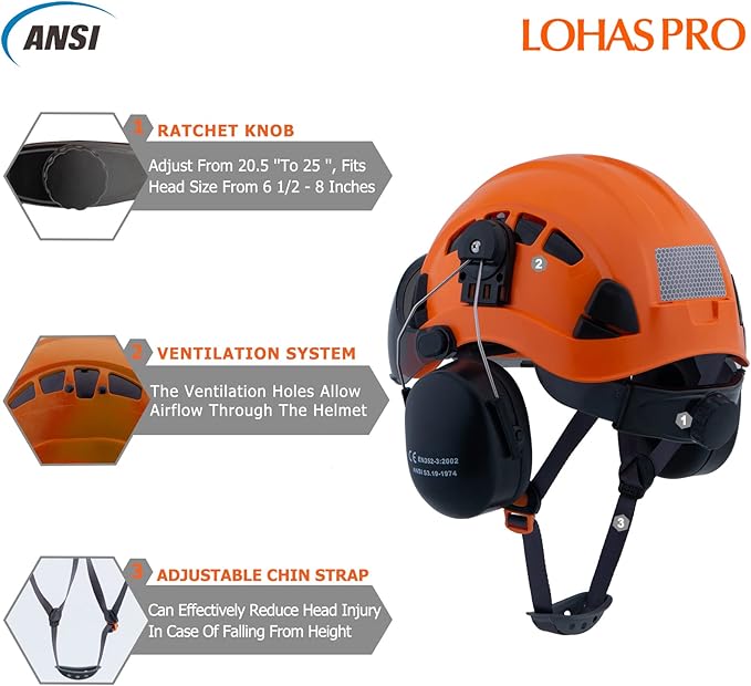 LOHASPRO Arborist Forestry Helmet Safety Hard Hat with Visor and Ear Muffs for Tree Service Logging Cutting Wood Chainsaw Helmet Garden Work Mowing(P91 Orange+Smoked Visor+Earmuff)-StrideForce Fitness