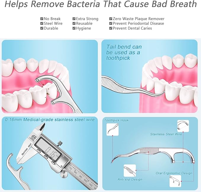 Toothpicks Pocket Set, Dental Floss Picks Kit Reusable, Stainless Steel Teeth Cleaning Tools, Tooth Picker Oral Hygiene Travel (1 Set)