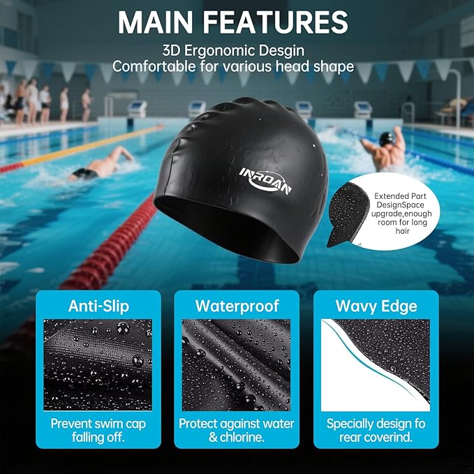 Large Thick Hair Swim Cap with Extra Room for Women Men, Premium Silicone Swimming Cap for Long Hair with Ear Plugs Nose Clip Set, Adult Waterproof Swim Hats Bathing Caps to Keep Hair Dry-StrideForce Fitness