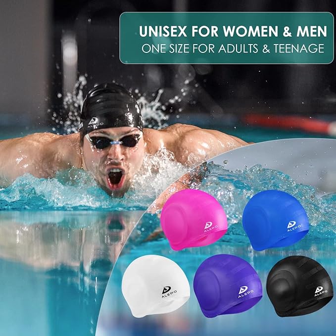 2 Pack Unisex Swim Caps with 3D Ear Protection, Durable Flexible Silicone Swimming Hats for Women Men Kids Adults, Bathing Swimming Caps for Short/Long Hair with Ear Plugs&Nose Clip-StrideForce Fitness
