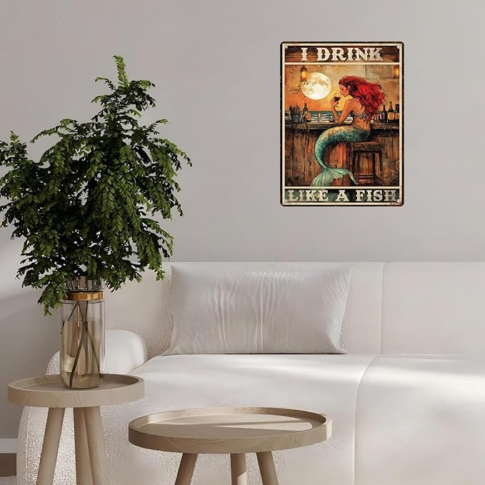 Vintage Mermaid Tin Sign I Drink Like A Fish Retro Wall Decor Decorations for Home Funny Wine Lover Nostalgic Metal Poster Indoor Store Cafe Toilet Kitchen Garden Bar Pubs Man cave 12 * 16inch-StrideForce Fitness