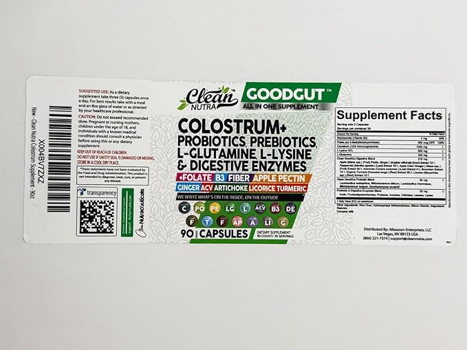Clean Nutraceuticals Colostrum Supplement Capsules Probiotics Pills Prebiotics, L-Glutamine, Digestive Enzymes, Folate, Fiber, ACV, Turmeric, Apple Pectin and Turmeric Good Gut-StrideForce Fitness
