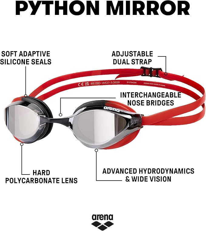 ARENA Unisex Python Racing Swim Goggles for Men and Women Anti-Fog No Leak Max Comfort Dual Strap, Mirror/Non-Mirror Lens-StrideForce Fitness