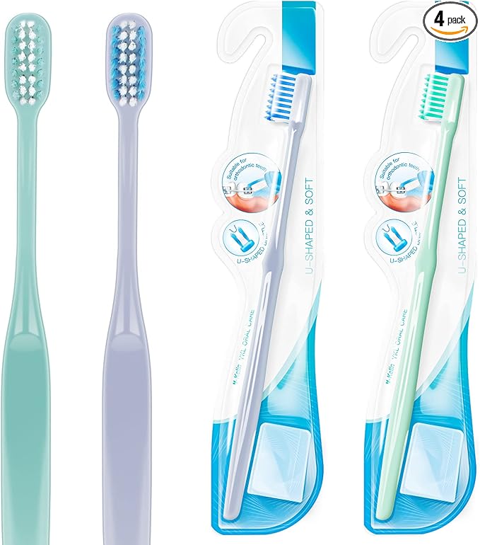 Y-Kelin 4 Pcs U-Shaped Orthodontic Toothbrush Soft Bristle with 4 Toothbrush Head Cover for Orthodontic People Effective Cleaning Teeth
