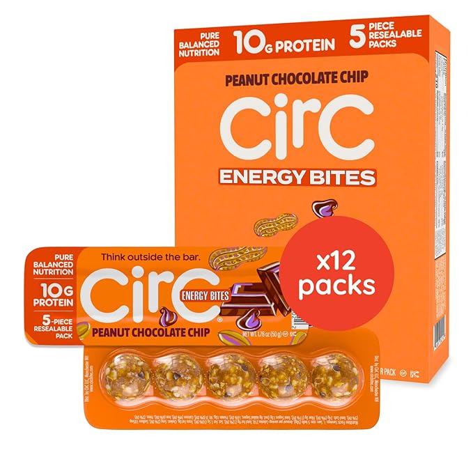 CirC Energy Bites - 12 Pack Peanut Chocolate Chip Gluten Free Protein Balls - 10g Protein, Whole Grains, Nuts & Fruit - Portable Healthy Snacks for Adults & Kids, 5 Piece Resealable Packs-StrideForce Fitness