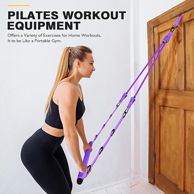 Pilates Bar Kit With Resistance Bands, Workout Equipment for Legs, Hip, Waist, Arm, Squats Exercise Equipment for Home Workouts, Adjustable 3-Section Bar Kit for Women & Men