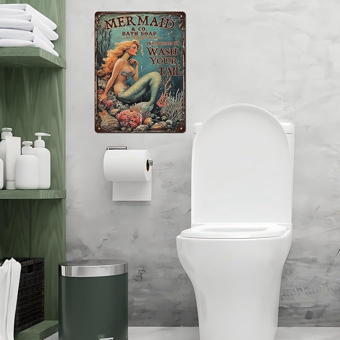 Retro Mermaid Tin Sign Wash Your Tail Vintage Metal Poster Funny Bath Soap Wall Art Toilet Bathroom Man Cave Bar Cafe Indoor Living Room Garage 12 * 16inch-StrideForce Fitness