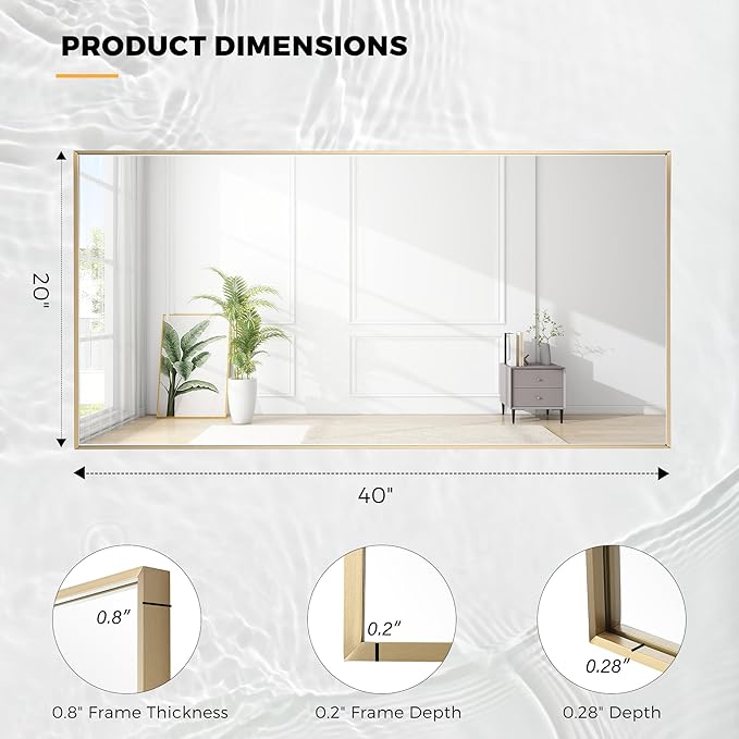 20x40 Inch Brass Bathroom Mirror for Wall, Aluminum Frame Rectangle Rectangular Vanity Mirror, Modern Large for Bedroom, Living Room, Horizontal or Vertical-StrideForce Fitness