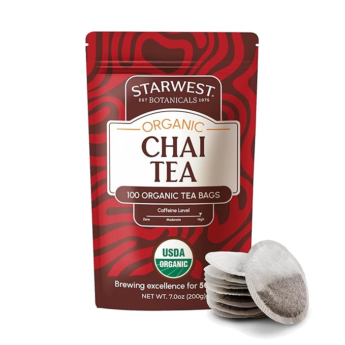Starwest Botanicals Organic Chai Tea - Caffeinated Herbal Blend with Black Tea & Cinnamon, String Free Sachets, USDA Organic, Non GMO - Bulk Pack, 100 Tea Bags-StrideForce Fitness