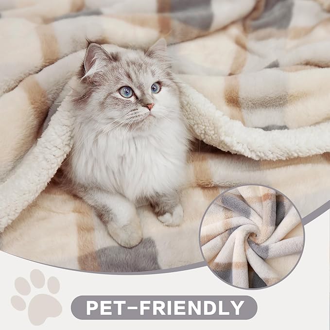 PU MEI Super Soft Faux Rabbit Fur Sherpa Fleece Throw Blanket, Reversible Luxury Cozy Cute Furry Blanket, Plush Warm Shaggy Fluffy Checkered Blankets for Sofa Couch Bed (Grey-Plaid, 80" x 90")-StrideForce Fitness