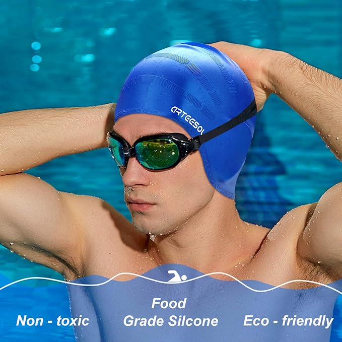 Swimming Cap, Silicone Swim Cap for Women Men, Durable Non-Slip Waterproof Swim Cap Protect Ears, Long Hair for Adults, Older Kids-StrideForce Fitness