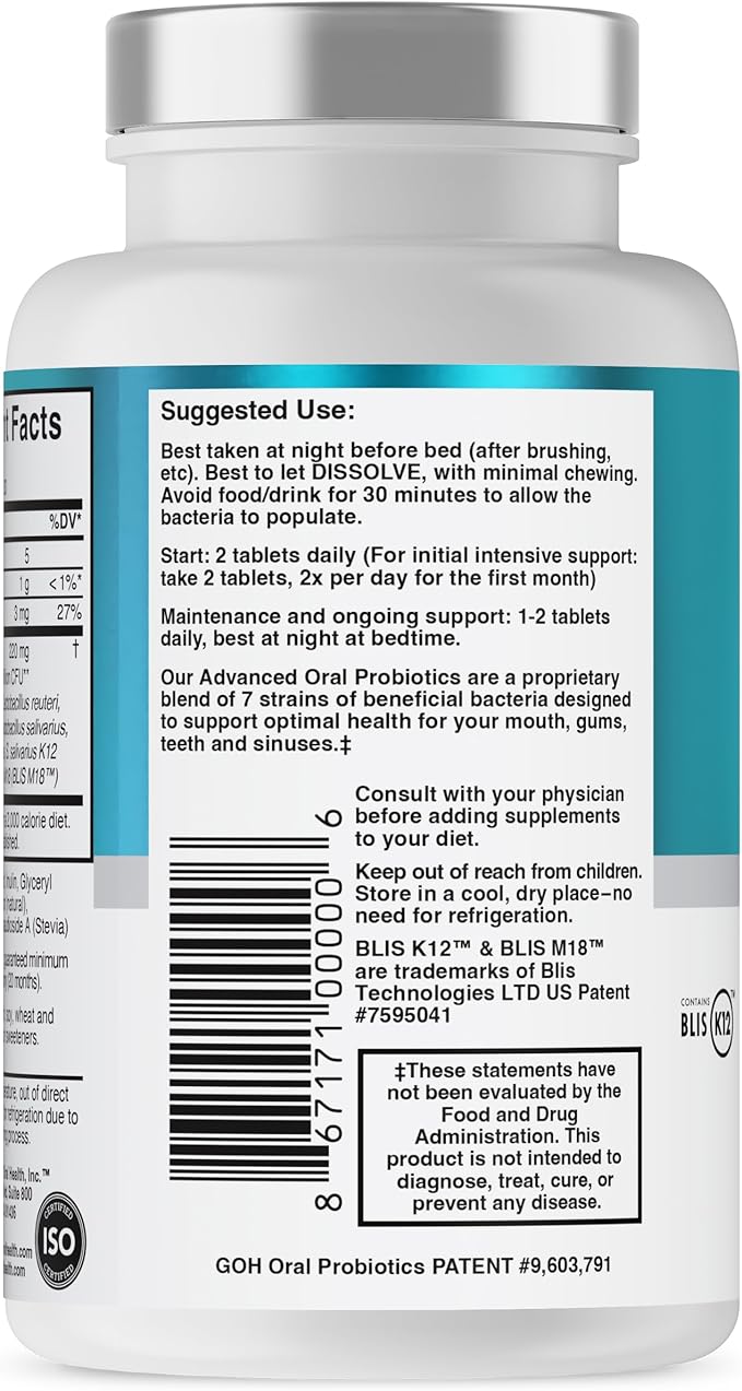 Oral Probiotics for Mouth Bad Breath Treatment for Adults; Dentist Formulated Dental Probiotics for Teeth and Gums Health & Chronic Halitosis with BLIS K12 M18, 60 Chewable Oral Health Tablets Mint