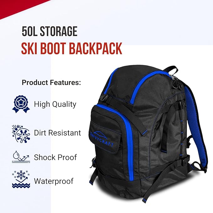 Savvycraft Ski Boot Bag, 50L Ski Backpack for Ski and Snowboard Boots, Helmets, Gloves, and Accessories, Lightweight Durable Convenient, Blue-StrideForce Fitness