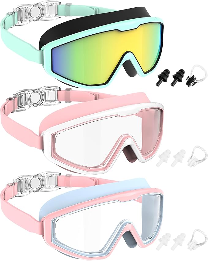 NSSIW Swim Goggles Swimming Kids-Goggles: Anti Fog No Leak with Nose Clip Earplugs for Girls Boys Youth 6-14 3 Pack-StrideForce Fitness