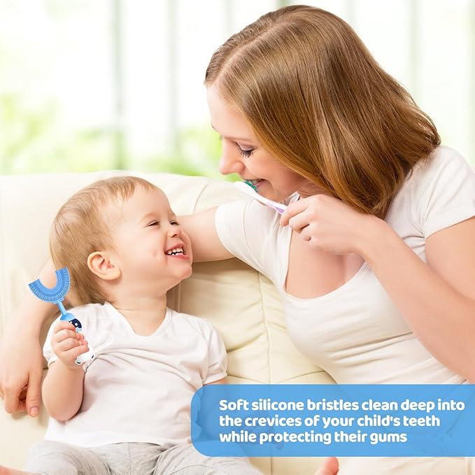 U-Shaped Toothbrush for Kids Ages 2-7， Soft Food-Grade Silicone for Sensitive Gums， 360° Teeth Cleaning Design，Training & Travel-Friendly Toddlers' Toothbrush (Blue)