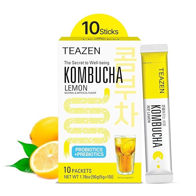 TEAZEN Lemon Kombucha Tea, Hydration Drink Mix, Sugar Free, Live Probiotics & Prebiotics, 10 Sticks, 1.76oz-StrideForce Fitness
