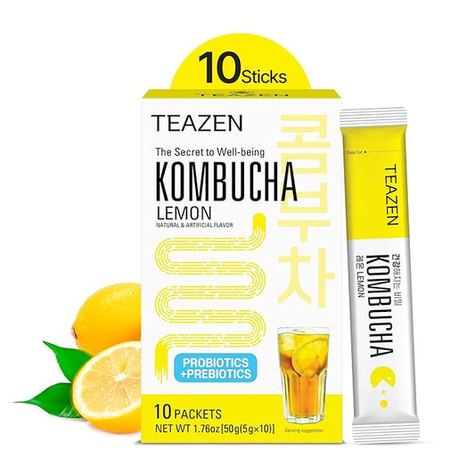 TEAZEN Lemon Kombucha Tea, Hydration Drink Mix, Sugar Free, Live Probiotics & Prebiotics, 10 Sticks, 1.76oz-StrideForce Fitness