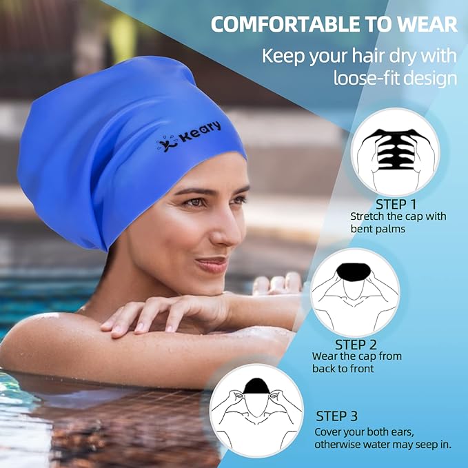 Keary Extra Large Swim Cap for Braids and Dreadlocks Extensions Weaves Long Hair, Waterproof Silicone Cover Ear Bath Pool Shower Swimming Cap for Adult Youth to Keep Hair Dry, Easy to Put On and Off-StrideForce Fitness