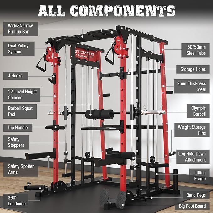 Smith Machine,2200 LBS Squat Rack for Home Gym with Dual Pulley System,Multifunctional Power Rack Cage for Strength Training with More Attachments-StrideForce Fitness