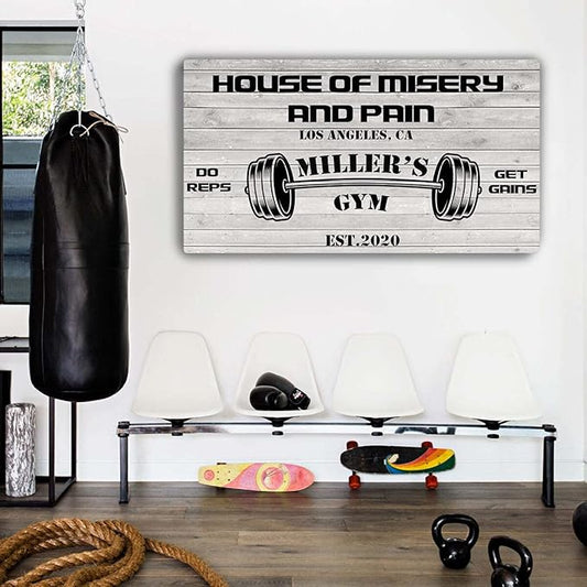 Tailored Canvases Personalized Gym Sign Wall Art Decor - Motivational Canvas for Home Gym, Workout Room, Garage, Fitness Center - Workout Inspirational Posters - House of Misery and Pain, White Wood 36x12in-StrideForce Fitness