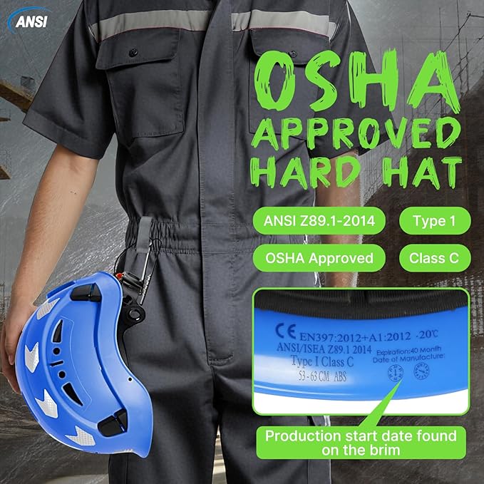 AOLAMEGS Construction Safety Hard Hat - ANSI Z89.1 Type Ι OSHA Approved Safety Helmets with Chin Straps Lightweight Reflective Vented ABS Hard Hats For Men Women Industrial Workwear 6-point Suspension-StrideForce Fitness