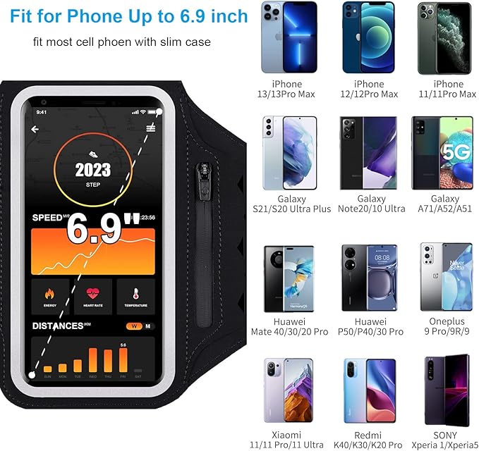 Running Armband with Earphone Bag Cell Phone Armband for iPhone 16 15 Pro 14 Plus 13 11 XR XS, Galaxy S24/S10 Water Resistant Sports Phone Holder Case & Zipper Slot Car Key Holder for 6.9 inch Phone-StrideForce Fitness