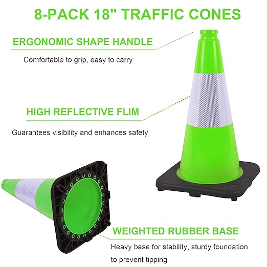 OrangeStar 18" Heavy Duty Traffic Cones 8-Pack Green Safety Cones with Reflective Strip for Construction, Parking Lots, Roadwork, Weatherproof, Stable Base for Traffic Control, Events, Emergency-StrideForce Fitness
