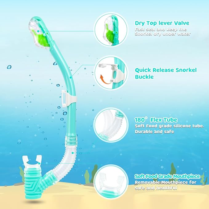 Dry Snorkel for Kids, Ultimate Snorkel Tube for Snorkeling, Freediving & Swimming, Easy-Breath Technology, Top-Mounted Dry Valve & Food-Grade Silicone Mouthpiece-StrideForce Fitness