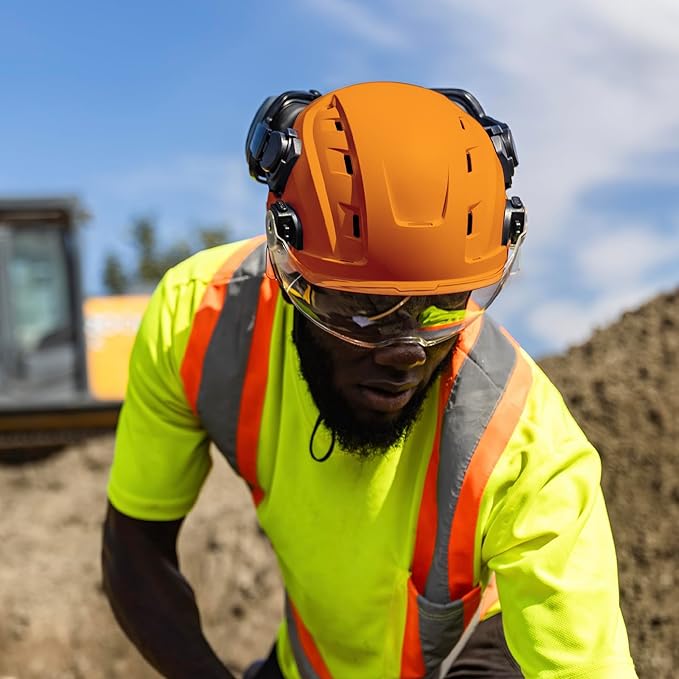 GE Safety Helmet, Impact Absorbing Tech, Adjustable Ratchet, ANSI Type 1, Memory Foam Padding, Hard Hats Protection, Lightweight, Durable, Chin Strap, Comfortable Fit OSHA Approved-StrideForce Fitness