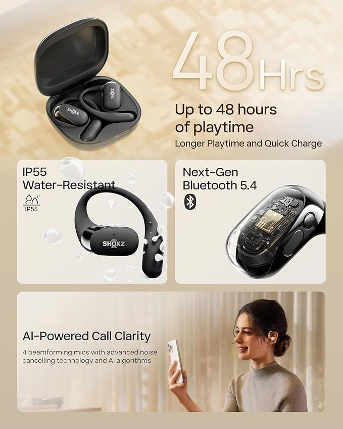 SHOKZ New OpenFit 2 Open-Ear Headphones, True Wireless Bluetooth Earphones with Microphone, Earhook Earbuds with 48 Hours of Playtime, Fast Charging, IP55 Water-Resistant, with Carrying Bag, Black-StrideForce Fitness