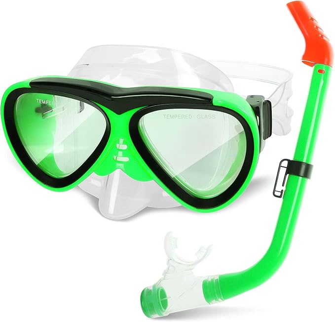 GreenLF Kids Snorkel Set, Anti-Fog Snorkeling Mask with Nose Covers for Youth Junior Child, Boys & Girls Age 5-12, Semi-Dry Diving Scuba Swimming Goggles Gear Packages-StrideForce Fitness
