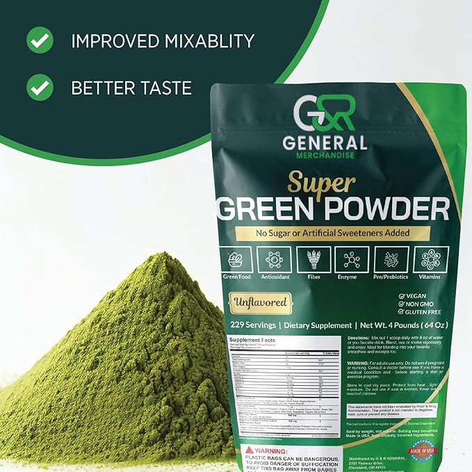 Super Greens Powder Superfood Organic, 229 Servings Digestive Enzymes, Probiotics & Vitamins Vegetables (Wheatgrass, Spirulina & more), Fruits, 4 Pounds(64oz).-StrideForce Fitness