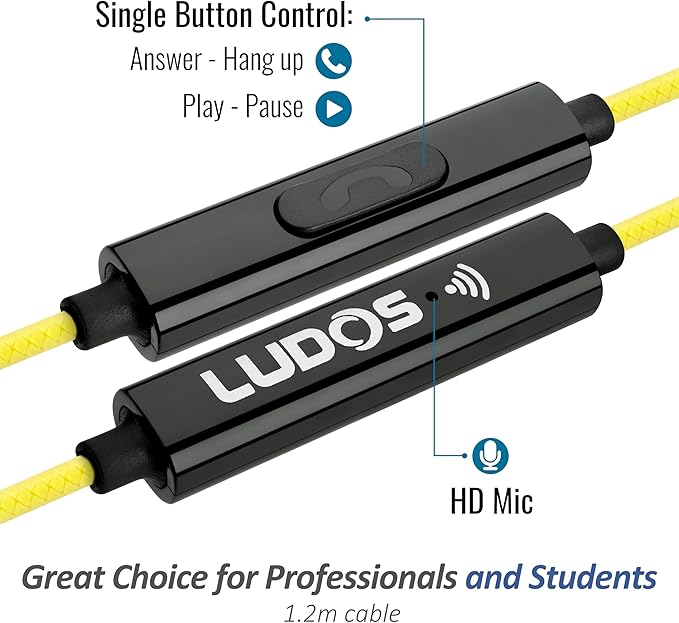 LUDOS Clamor Wired Earbuds in-Ear Headphones, 5 Years Warranty, Earphones with Microphone, Noise Isolating Ear Buds, Memory Foam for iPhone, Samsung, School Students, Kids, Women, Small Ears - Yellow-StrideForce Fitness